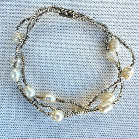 Jewelry - Freshwater Pearl & Silver-Tone Beaded Bracelet 7.25" Magnetic Closure